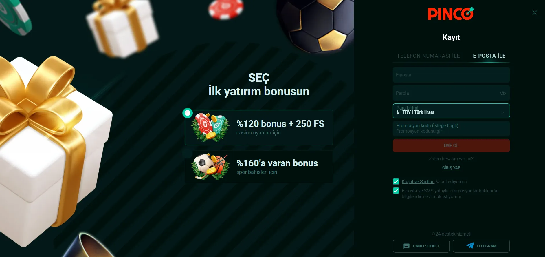 Üyelik ve giriş işlemleri Pinco TR